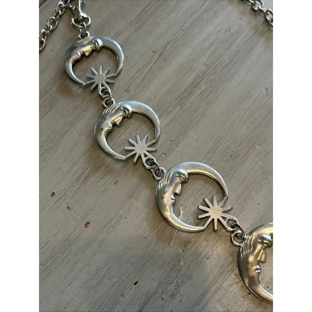 Celestial Moon Sun Adjustable Silver Tone Metal Chain Belt Boho 50”